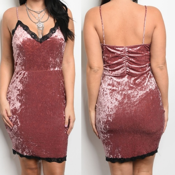 Deep Pink Black Lace Velvet Ruched Slip Dress - Picture 2 of 7